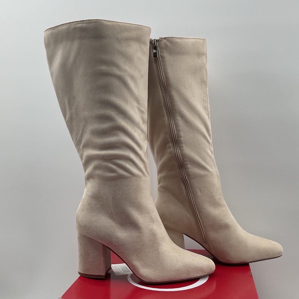 Journee Collection Amelia  Beige Faux Suede Pointed Toe Block Heel Tall Boots